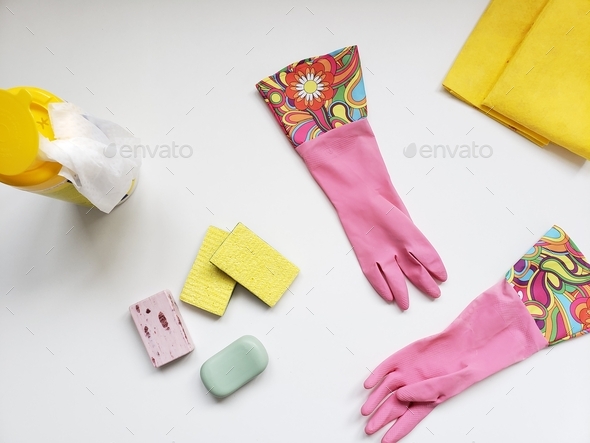 Colorful flat lay items theme cleaning house chores