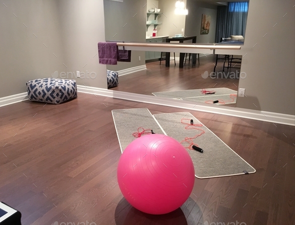 Home gym room set for any kind workout, yoga, dance studio, aerobics, gym ball, personal space