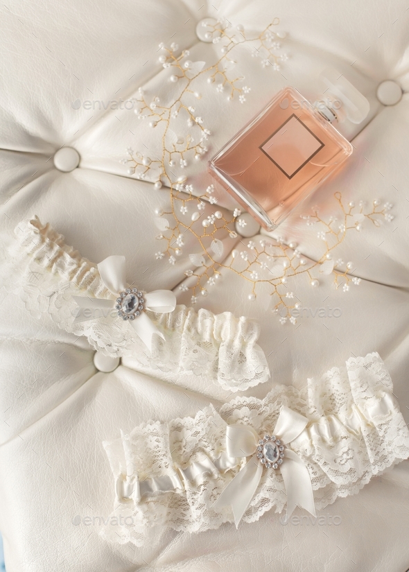 Set of woman accessories and perfume collection. Bridal morning.