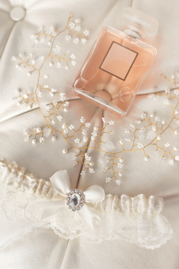 Set of woman accessories and perfume collection. Bridal morning.