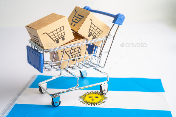 Box with shopping cart logo and Argentina flag, Import Export Shopping online or eCommerce finance