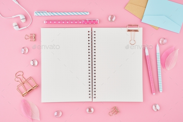 Nominated☀️Blank notepad page in bullet journal on bright pink office desktop