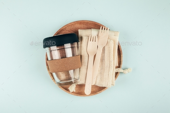 Sustainable, plastic free, zero waste concept. Eco friendly cutlery, reusable bags, coffee mug