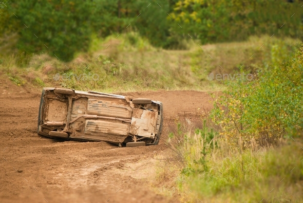 overturned during the accident, the car is upside down - Stock Photo - Images