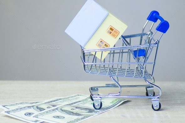 shopping basket with a model of a house on the road with US dollar bills, isolated