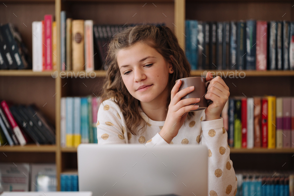 Girl studying among books using laptop - Stock Photo - Images