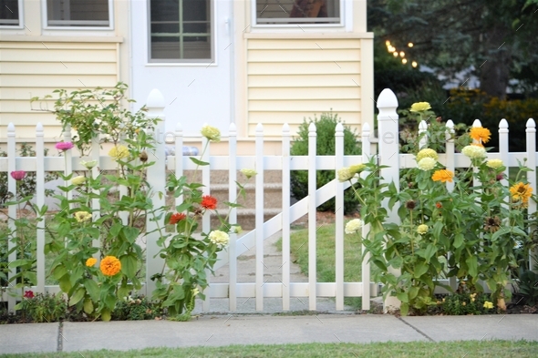 Exterior front house gate inviting entrance with colorful flowers  - Stock Photo - Images