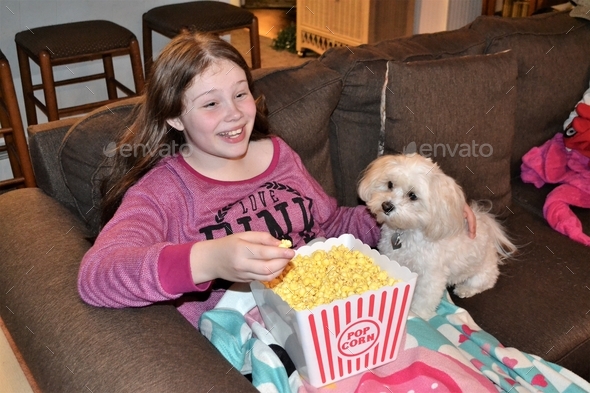 Young girl at home watching television with her cute pet eating popcorn - Stock Photo - Images