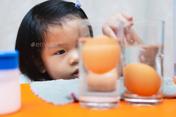 Cute little child girl is wondering about sinking egg-floating egg science experiment.