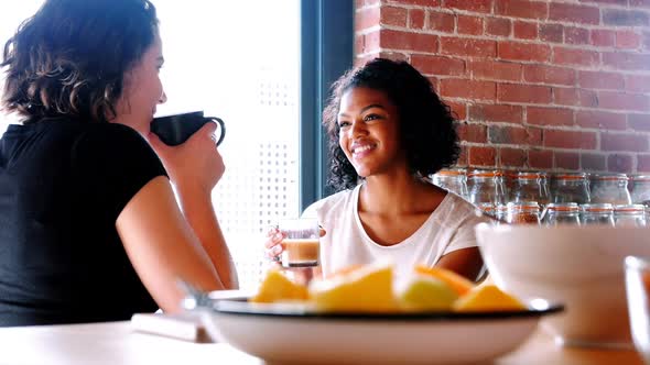 Lesbian couple interacting with each other while having breakfast alt