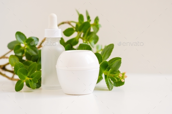 White jar of cream and a bottle with dropper from serum on a white neutral natural light background.