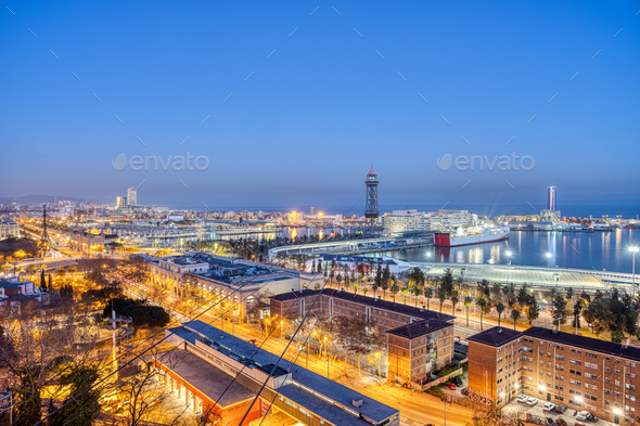 The skyline of Barcelona at dusk - Stock Photo - Images