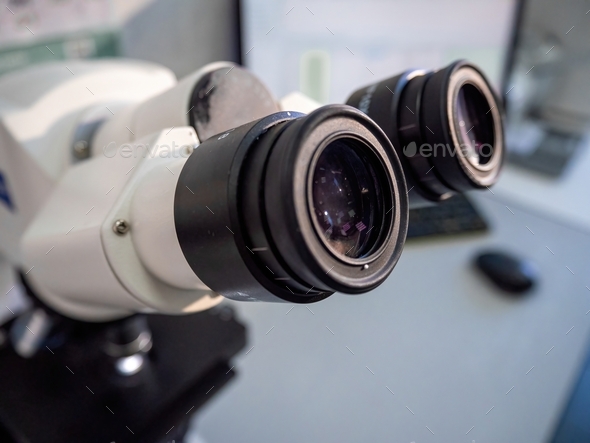 Eyepieces of the microscope standing in the laboratory of the medical center for diagnostic tests