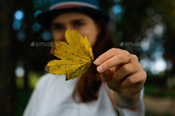 female hand holding yellow dry leaf. Hello autumn. Women standing at fall park.