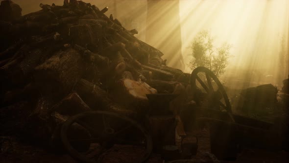 Preparation of Firewood for the Winter in Forest at Sunset alt