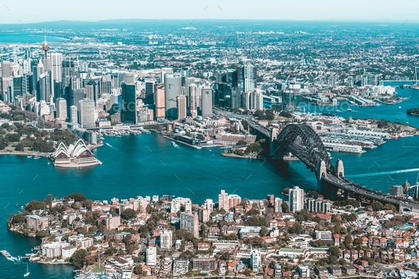 Top view of Sydney Australia, opera house, Sydney harbour bridge, city of Sydney - Stock Photo - Images