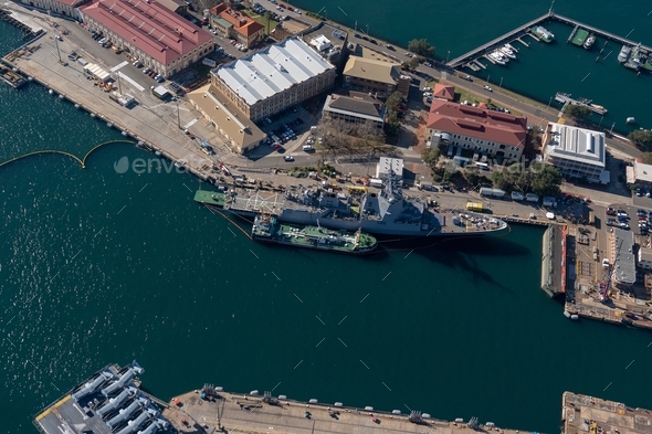 aerial view of naval base ship, Australian Royal Navy ship in dock
 - Stock Photo - Images