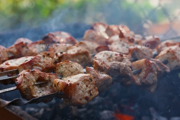 Shish Kebab skewer grill. Delicious background of roast pork, beef.