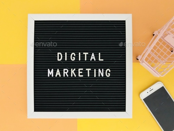 Digital marketing board on yellow and coral background 53