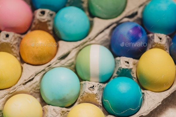Close up of Freshly painted colorful easter eggs - Stock Photo - Images