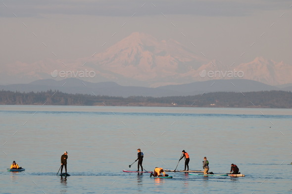 Paddle boarding on calm ocean facing cape snowed mountain  - Stock Photo - Images