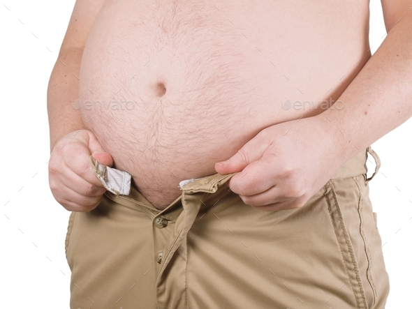 overweight man with fat belly whose trousers don\'t fit anymore
