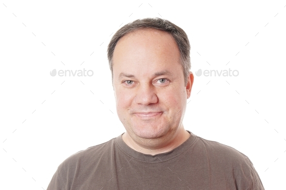 middle aged man with a smile on his face and double chin