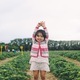 Happy excited girl in strawberry field with raised arms - PhotoDune Item for Sale