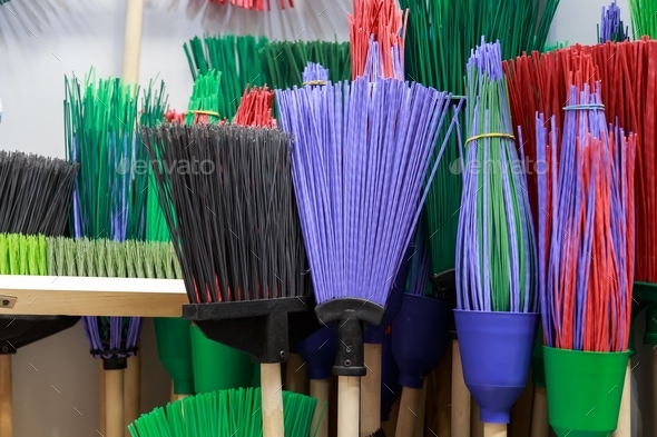 Sale of household goods, cleaning equipment plastic broom brushes with a wooden handle different in