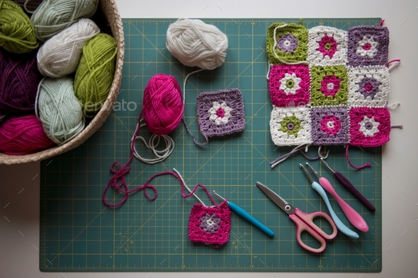Overhead creative workspace for crochetting granny squares blanket. Hobby crafting and handmade
