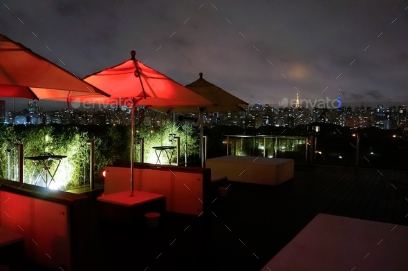Rooftop outdoor dining and a view of the São Paulo skyline.