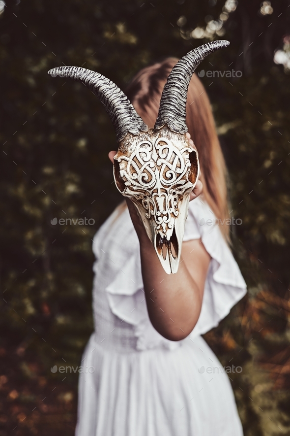 Gothic teenager girl with a goat skull, Youth subculture, Fantasy, Day of the Dead and Halloween