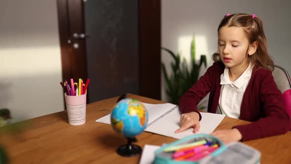 Schoolgirl sit at desk doing homework reading, homeschooling