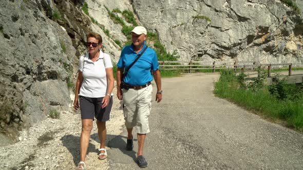 Happy Active Senior Couple Walking on Paved Way in Mountains