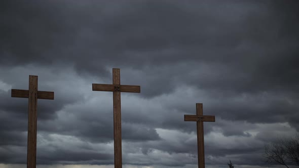 Ominous Storm Clouds with Three Christian Crosses Timelapse Zoom Out