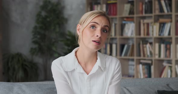 Happy Woman Looking at Camera Enjoying Video Meeting with Friends and Colleagues Online Virtual alt