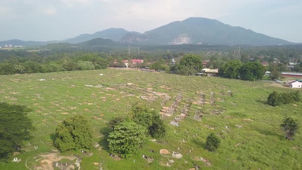 Aerial fly over chinese cemetery alt