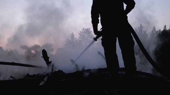 Extinguish Fire with Water By Firehose. Firefighter Hold Hose and Put Out Forest Campfire at Evening alt
