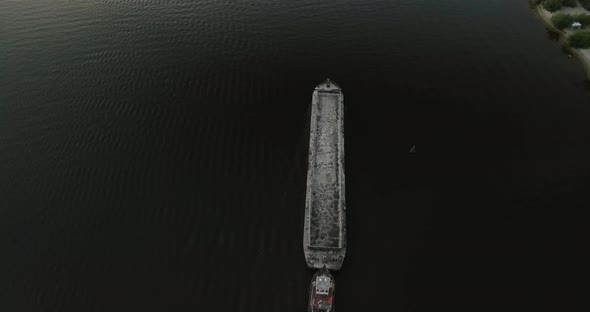 Bird's-eye View of the Barge and Tugboat, Summer River Ukraine