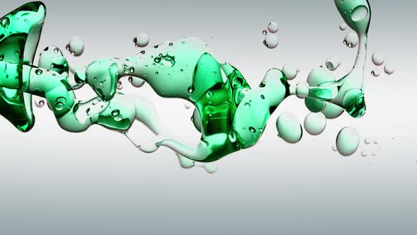 Transparent Cosmetic Green Oil Bubbles and Shapes on White Background
