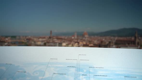 Cityscape with map from viewpoint, Florence, Tuscany, Italy alt