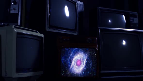 Helix Nebula in Space and Retro Televisions. Dark Tone. alt