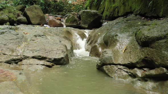 Flying over a small tropical stream with dark water and small cascades alt