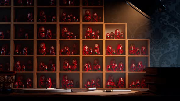 Matryoshka dolls on shelves at the desk. A huge number of talking Babushkas. alt