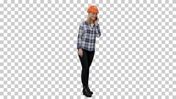 Woman in orange hardhat calling the phone, Alpha Channel