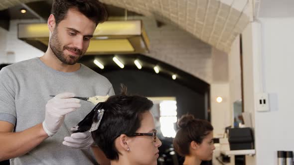 Hairdresser dyeing hair of client alt