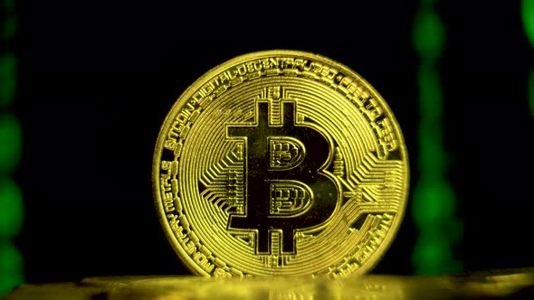Macro Shot of Bitcoin with Binary Code Blockchain Background