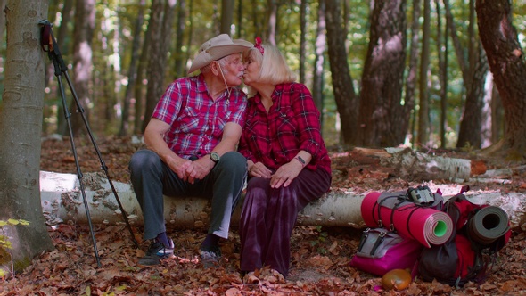 Grandmother Grandfather Senior Tourists Hikers Sitting on Tree and Hugging Kissing in Summer Forest alt