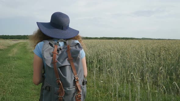 Woman traveler walking in the field with spikelets