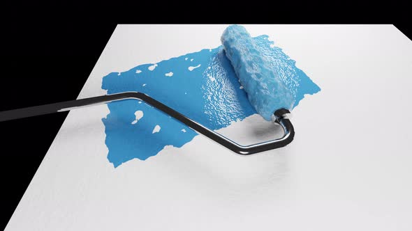 A Paint Roller with a Chrome Handle Rolls Blue Paint Onto a White Wall